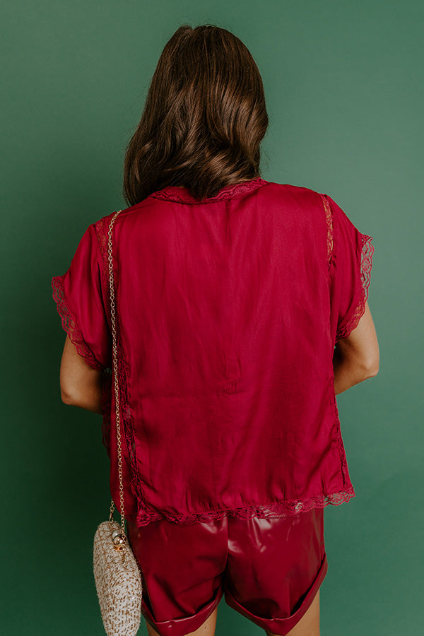 Femme Fatale Satin Lace Trim Top in Wine