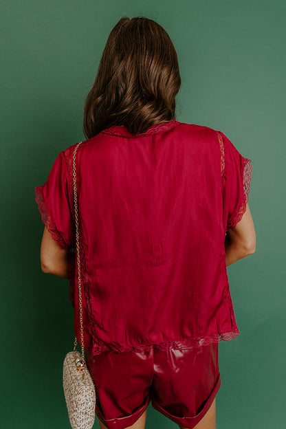 Femme Fatale Satin Lace Trim Top in Wine