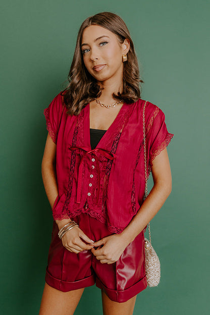 Femme Fatale Satin Lace Trim Top in Wine