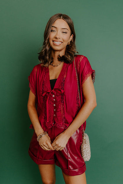 Femme Fatale Satin Lace Trim Top in Wine