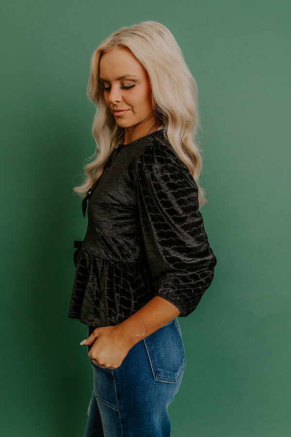 Uptown Edit Velvet Peplum Top in Black