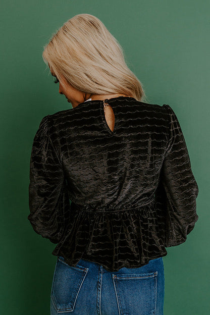 Uptown Edit Velvet Peplum Top in Black