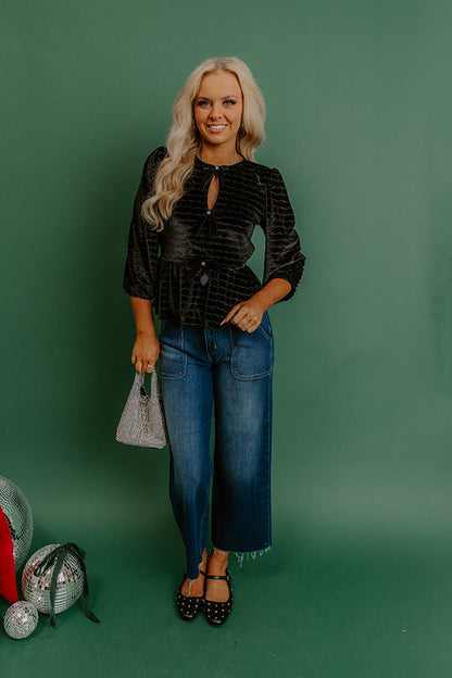 Uptown Edit Velvet Peplum Top in Black