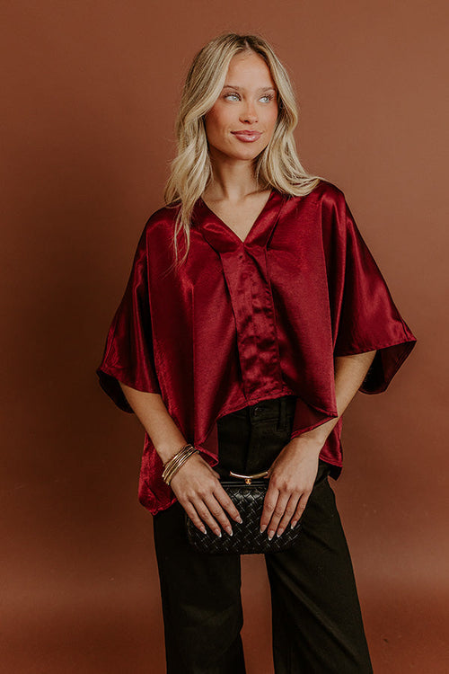 High Society Chic Satin Top in Wine