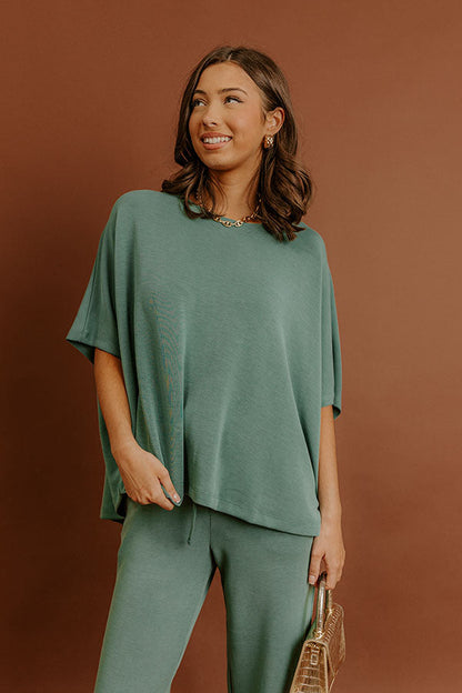 Cozy Cues Oversized Scuba Tee in Light Hunter Green
