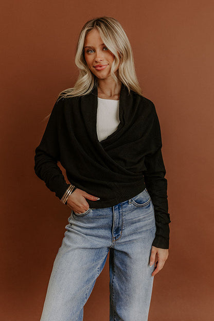 Cozy Hour Wrap Sweater Top in Black