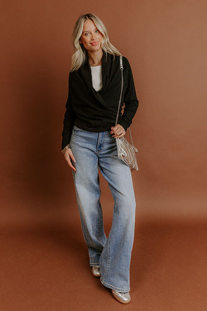 Cozy Hour Wrap Sweater Top in Black