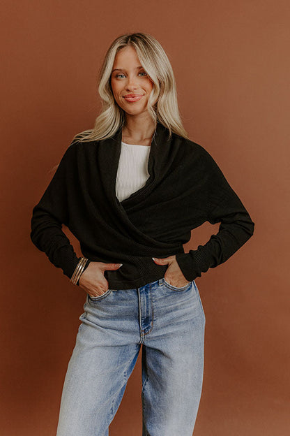 Cozy Hour Wrap Sweater Top in Black
