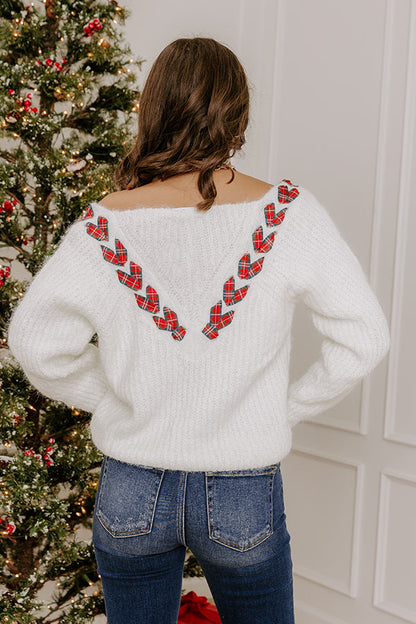 Soft Smile Eyelash Knit Sweater Top in Plaid Ribbon