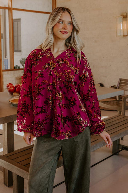 The Velvet Secret Floral Button Up Top