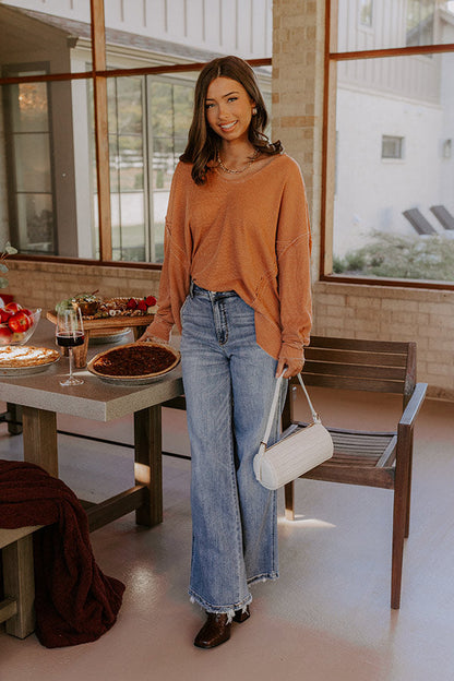 Relax And Reset Waffle Knit Oversized Tee in Pumpkin