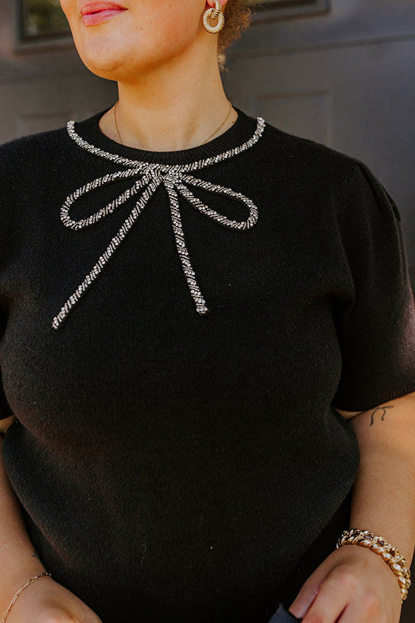 Bow-tiful Moment Embellished Sweater Top in Black Curves