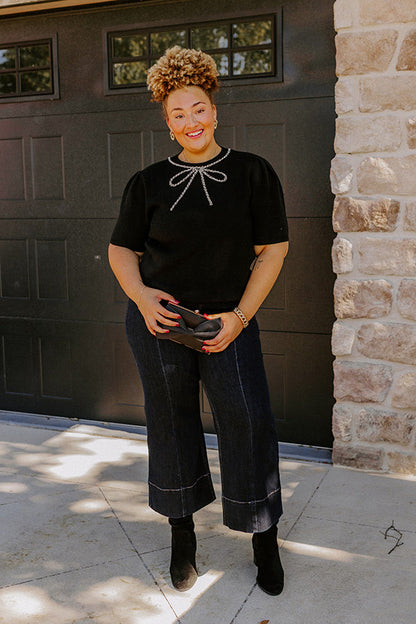Bow-tiful Moment Embellished Sweater Top in Black Curves
