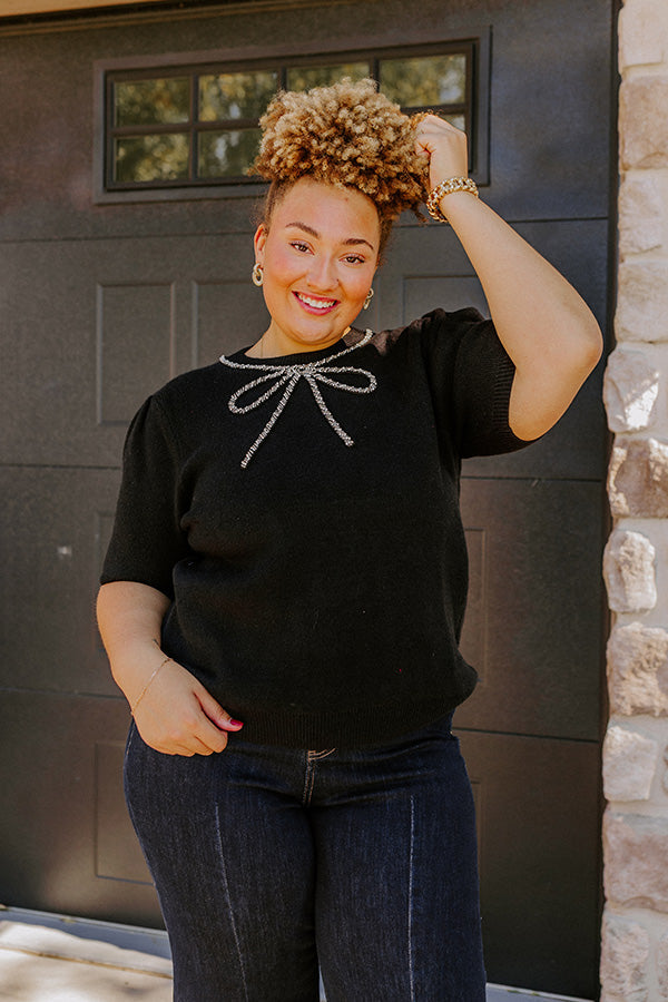 Bow-tiful Moment Embellished Sweater Top in Black Curves