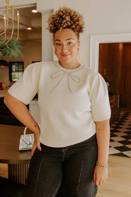 Bow-tiful Moment Embellished Sweater Top in Cream Curves