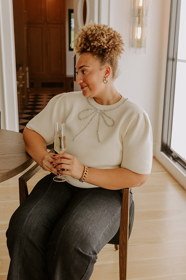 Bow-tiful Moment Embellished Sweater Top in Cream Curves