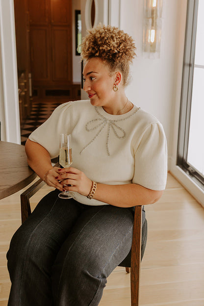 Bow-tiful Moment Embellished Sweater Top in Cream Curves