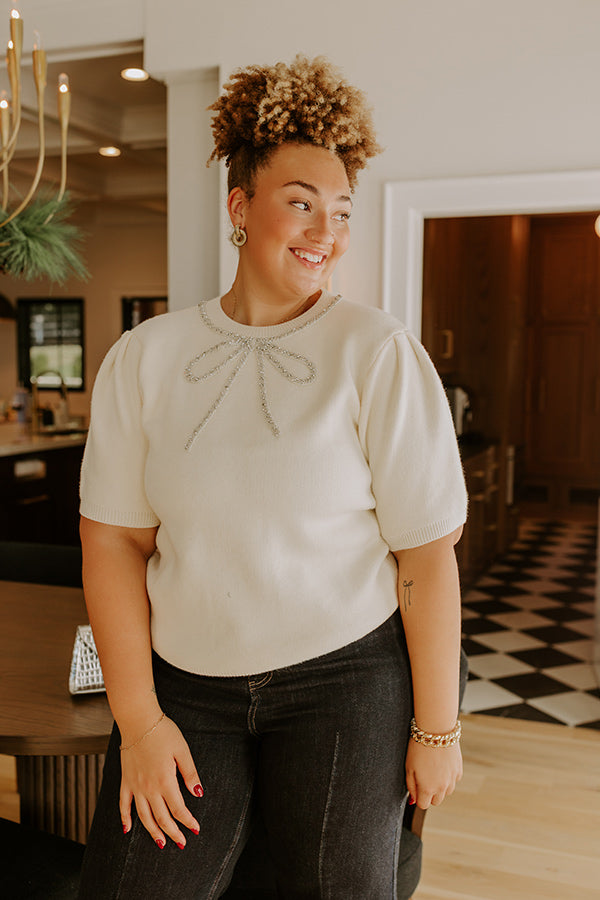 Bow-tiful Moment Embellished Sweater Top in Cream Curves