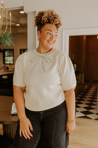 Bow-tiful Moment Embellished Sweater Top in Cream Curves