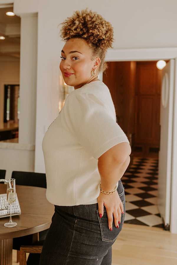 Bow-tiful Moment Embellished Sweater Top in Cream Curves
