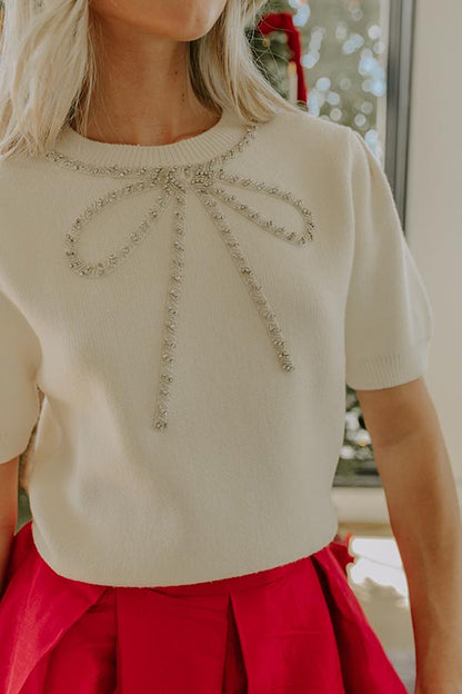 Bow-tiful Moment Embellished Sweater Top in Cream