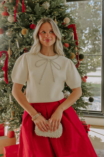 Bow-tiful Moment Embellished Sweater Top in Cream