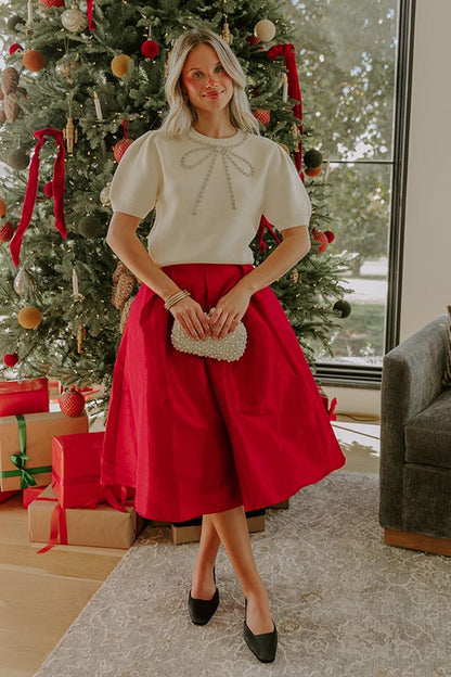 Bow-tiful Moment Embellished Sweater Top in Cream
