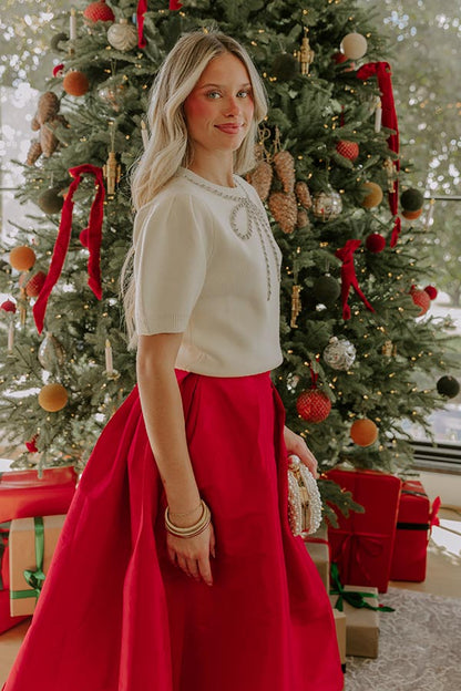 Bow-tiful Moment Embellished Sweater Top in Cream