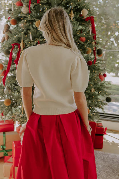 Bow-tiful Moment Embellished Sweater Top in Cream