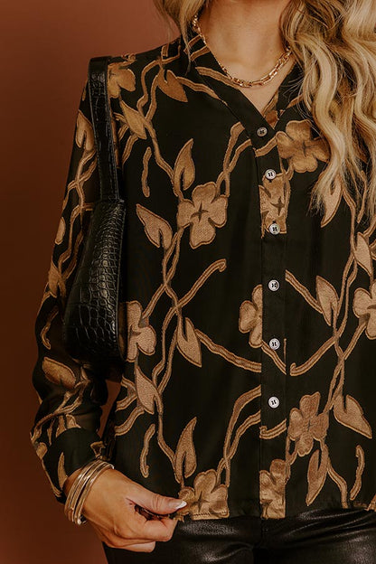 Elegant Ease Floral Jacquard Button Up Top