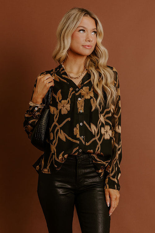 Elegant Ease Floral Jacquard Button Up Top