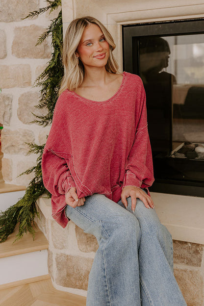 Relax And Reset Waffle Knit Oversized Tee in Crimson