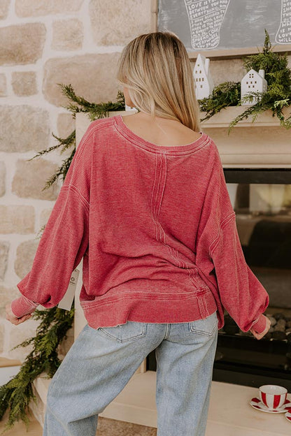 Relax And Reset Waffle Knit Oversized Tee in Crimson