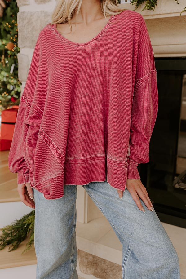 Relax And Reset Waffle Knit Oversized Tee in Crimson