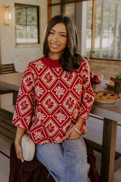 Polished Comfort Knit Sweater Top in Brick Red