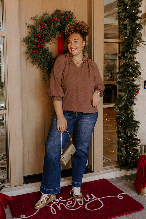Dinner In Soho Scalloped Top in Mocha Curves