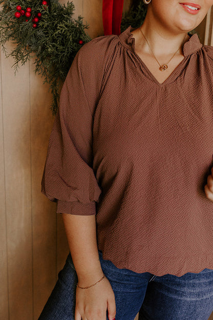 Dinner In Soho Scalloped Top in Mocha Curves