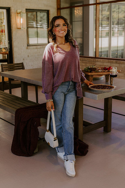 Relax And Reset Waffle Knit Oversized Tee in Plum