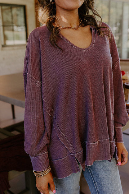 Relax And Reset Waffle Knit Oversized Tee in Plum
