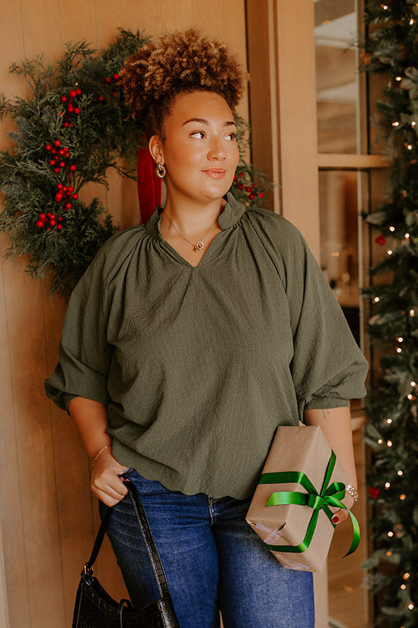 Dinner In Soho Scalloped Top in Olive Curves