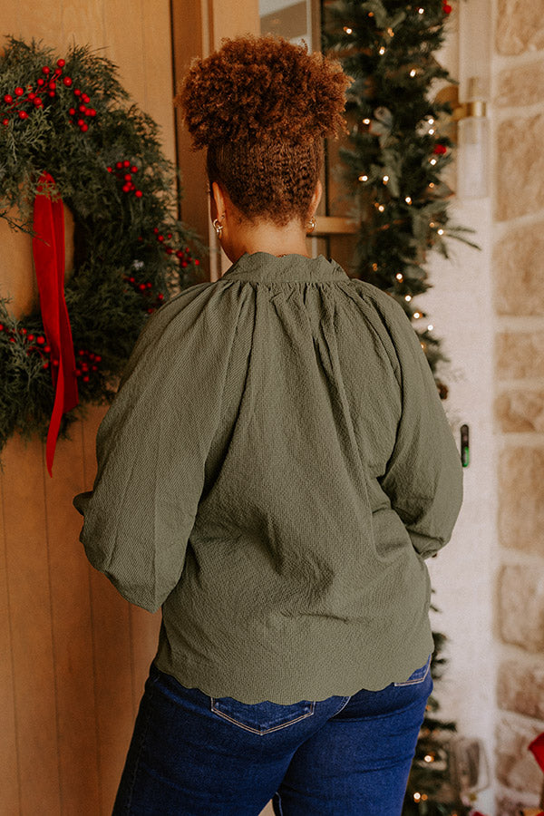 Dinner In Soho Scalloped Top in Olive Curves