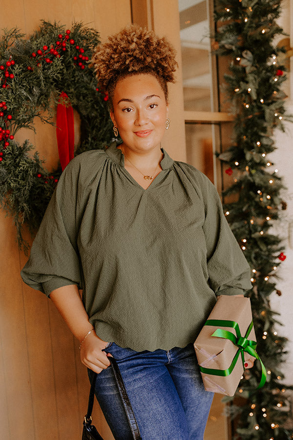 Dinner In Soho Scalloped Top in Olive Curves