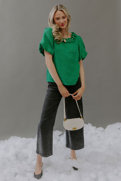 Polished Affair Embellished Tweed Top in Kelly Green