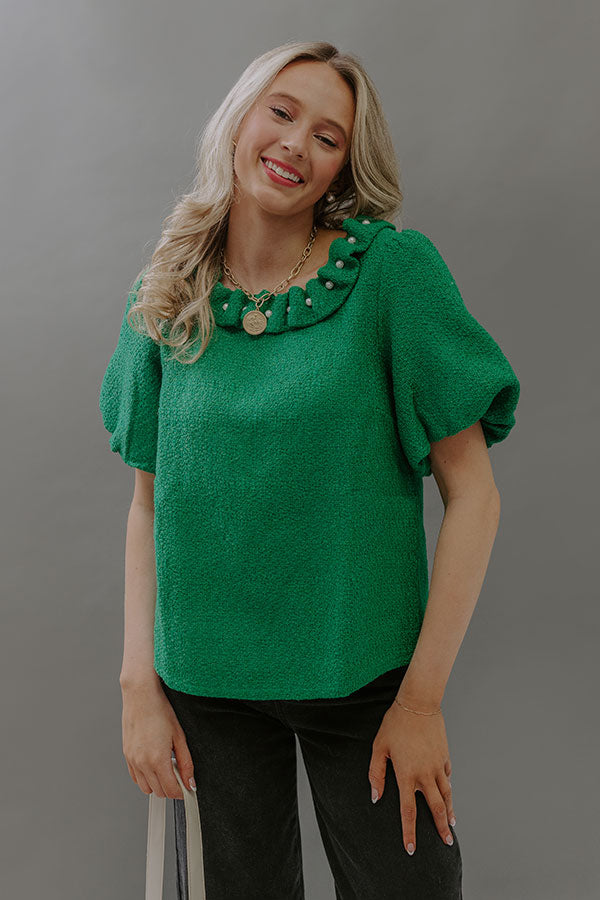 Polished Affair Embellished Tweed Top in Kelly Green