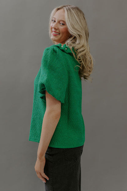 Polished Affair Embellished Tweed Top in Kelly Green
