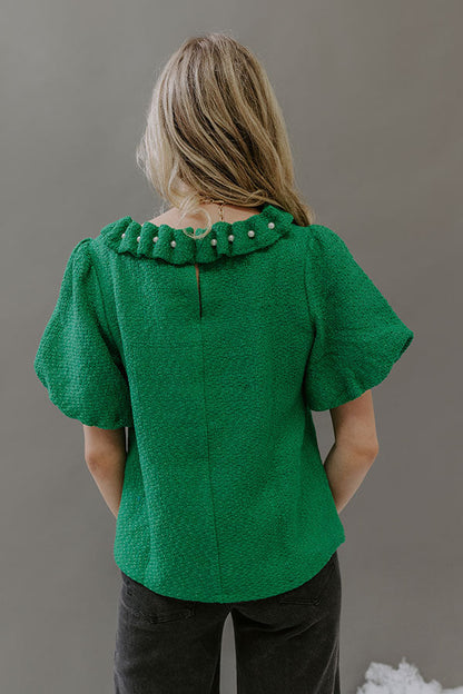 Polished Affair Embellished Tweed Top in Kelly Green