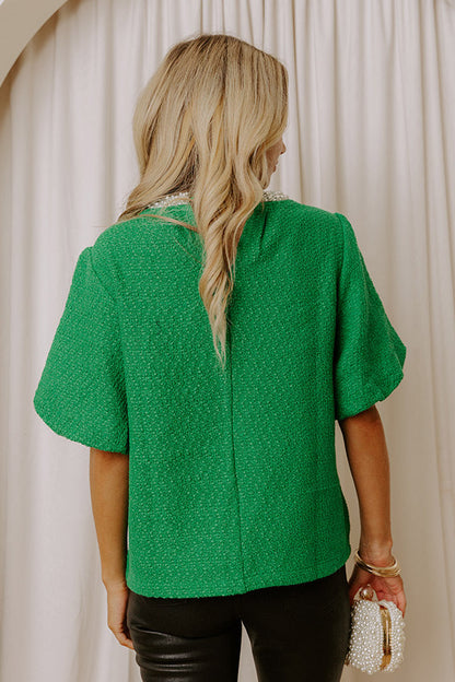 Wrapped in Tweed Pearl Embellished Top in Kelly Green