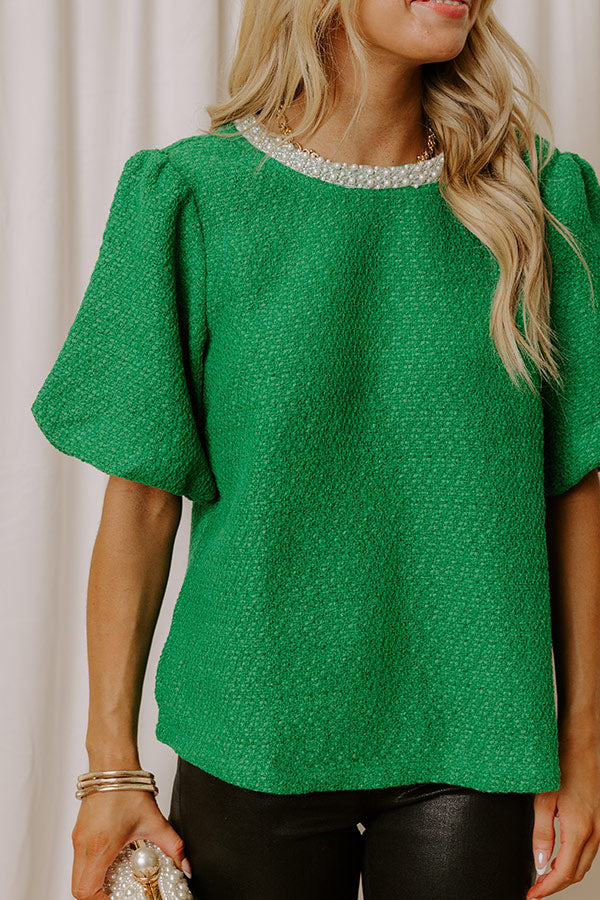 Wrapped in Tweed Pearl Embellished Top in Kelly Green