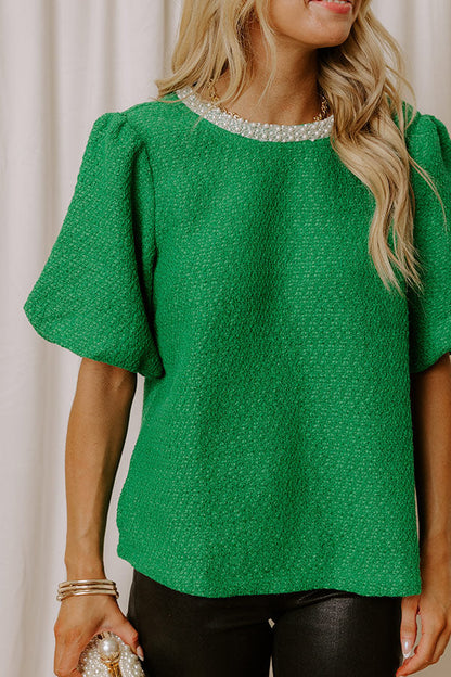 Wrapped in Tweed Pearl Embellished Top in Kelly Green