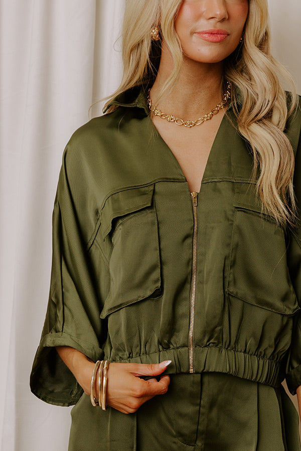 Perfectly Polished Satin Zip Up Top in Olive